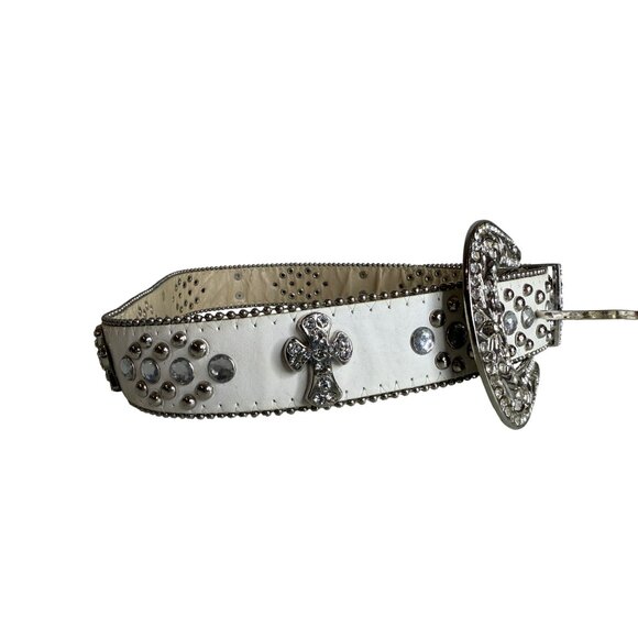 Y2K Grunge Rhinestone Cross Crystal White Leather Stud Snap On Buckle Belt M/L - Picture 4 of 5